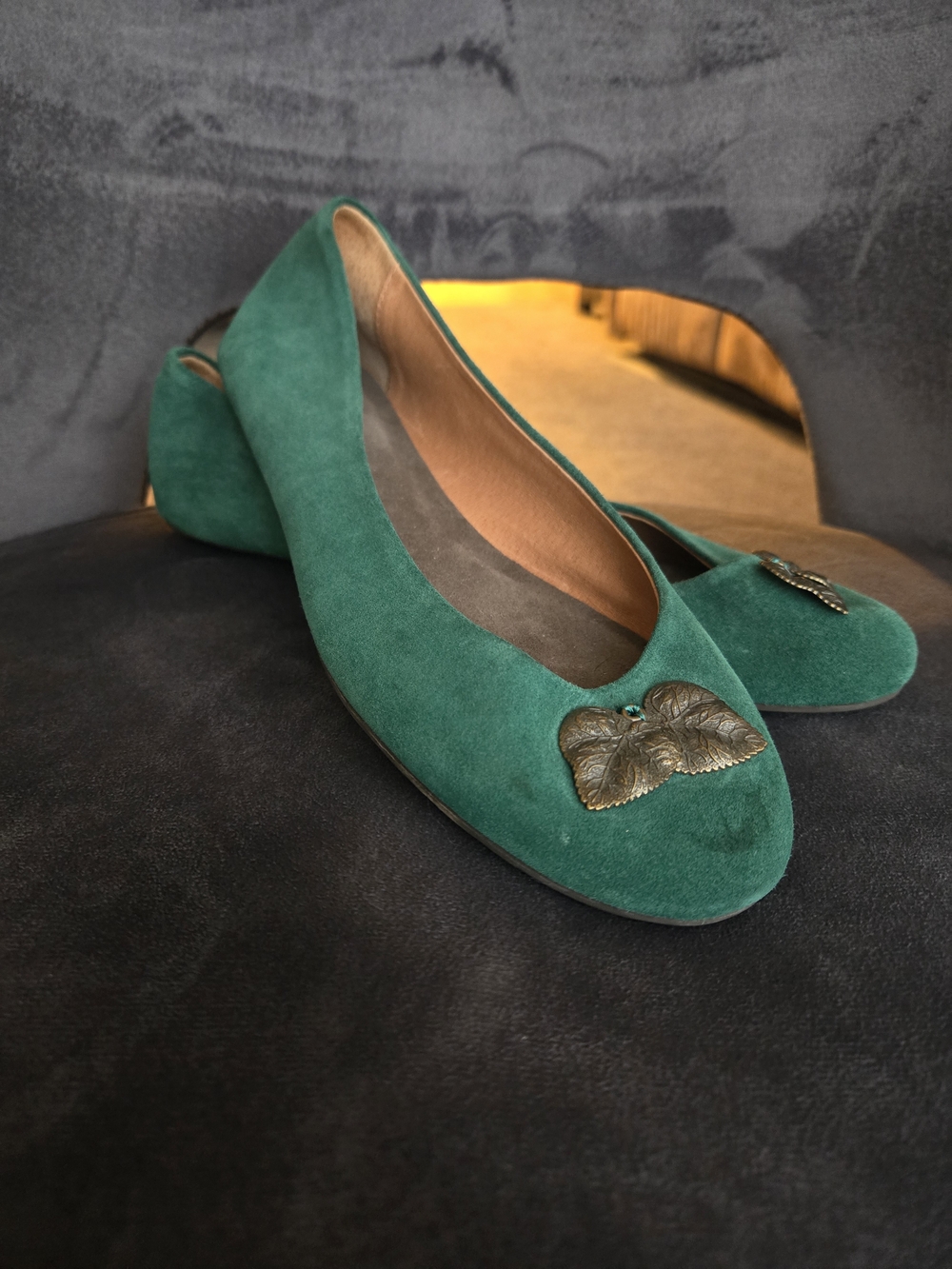 Anthropologie Teal Green Suede Ballet Flats with Leaf Embellishment